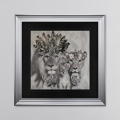Lion Family With Three Cubs with Black Mount Framed Wall Art
