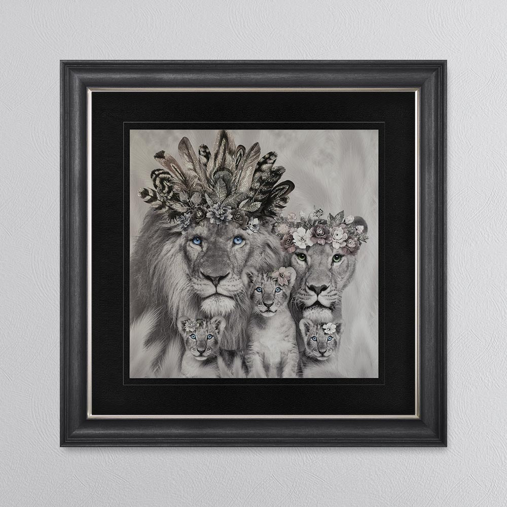 Lion Family With Three Cubs with Black Mount Framed Wall Art