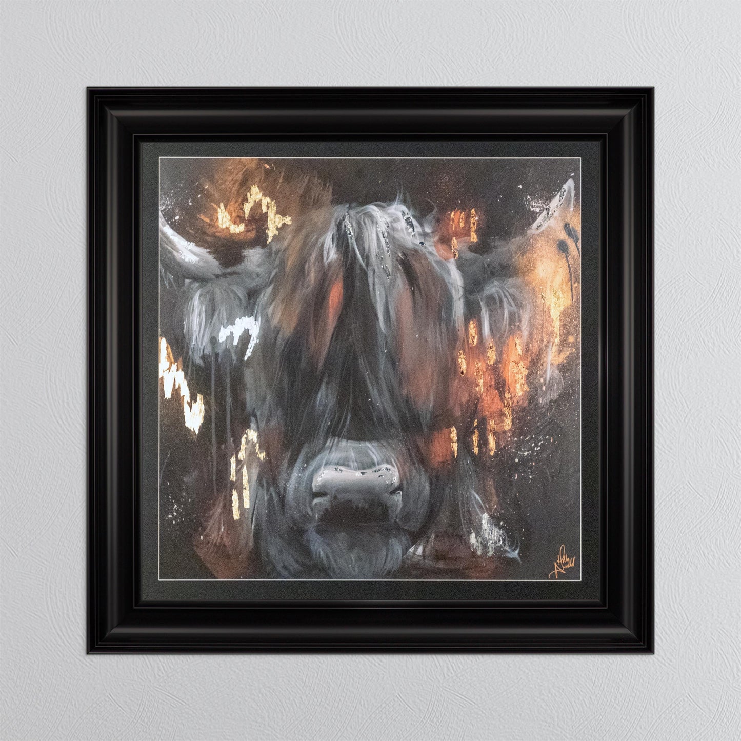 Copper Highland Cow with Multi Foil Embellishment with Black Mount Framed Wall Art