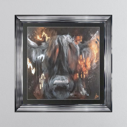 Copper Highland Cow with Multi Foil Embellishment with Black Mount Framed Wall Art