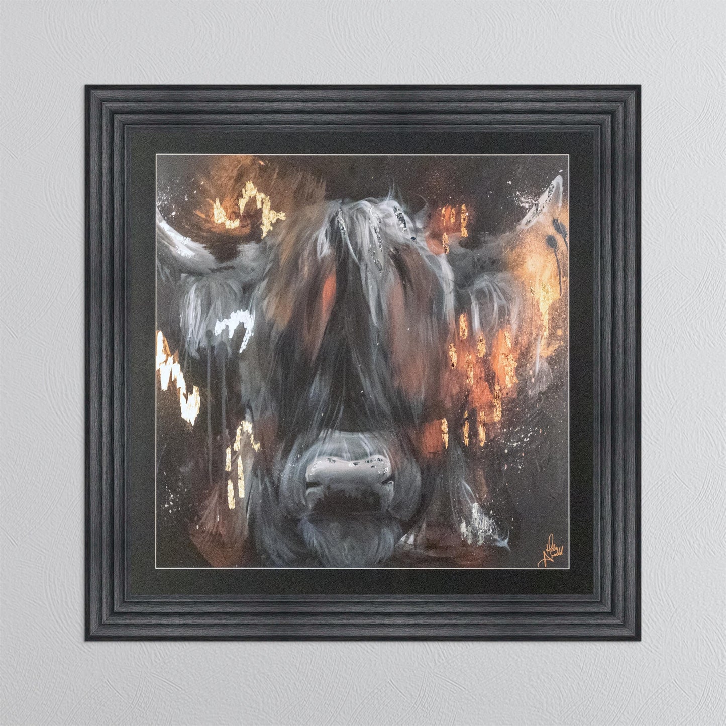Copper Highland Cow with Multi Foil Embellishment with Black Mount Framed Wall Art