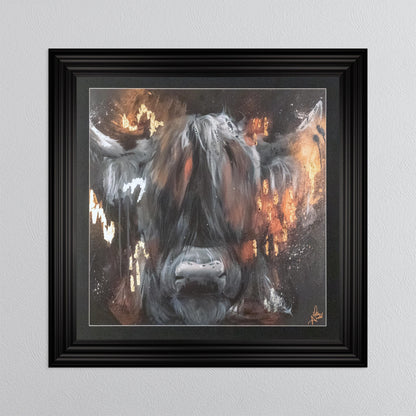 Copper Highland Cow with Multi Foil Embellishment with Black Mount Framed Wall Art
