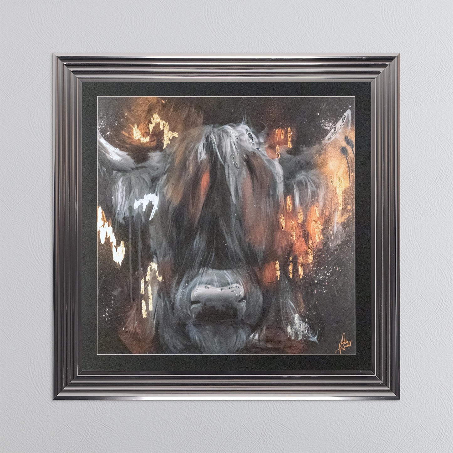 Copper Highland Cow with Multi Foil Embellishment with Black Mount Framed Wall Art