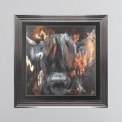 Copper Highland Cow with Multi Foil Embellishment with Black Mount Framed Wall Art