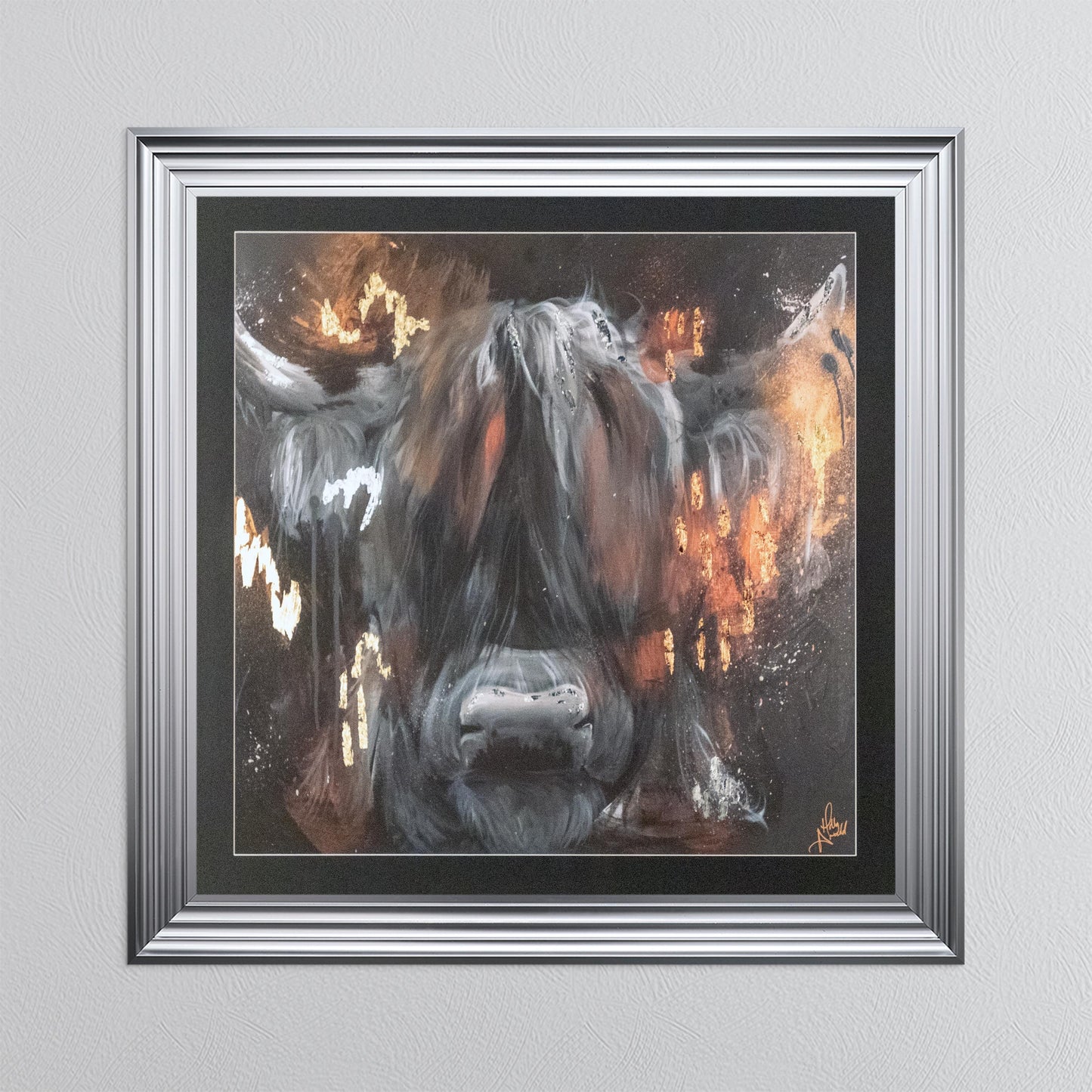 Copper Highland Cow with Multi Foil Embellishment with Black Mount Framed Wall Art