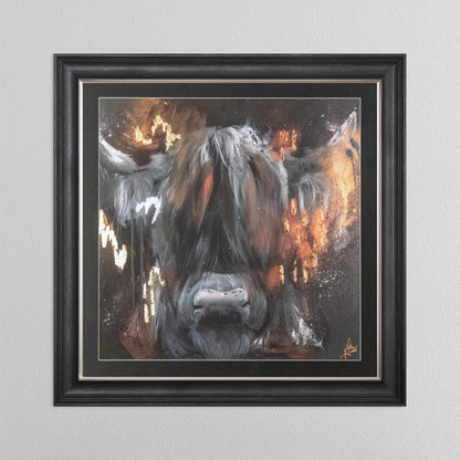 Copper Highland Cow with Multi Foil Embellishment with Black Mount Framed Wall Art