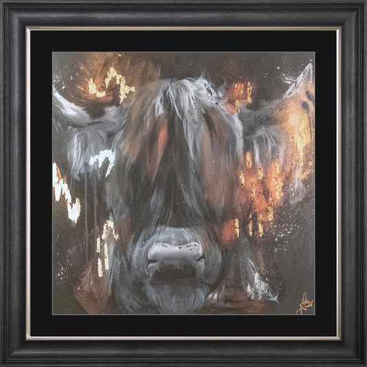 Copper Highland Cow with Multi Foil Embellishment with Black Mount Framed Wall Art