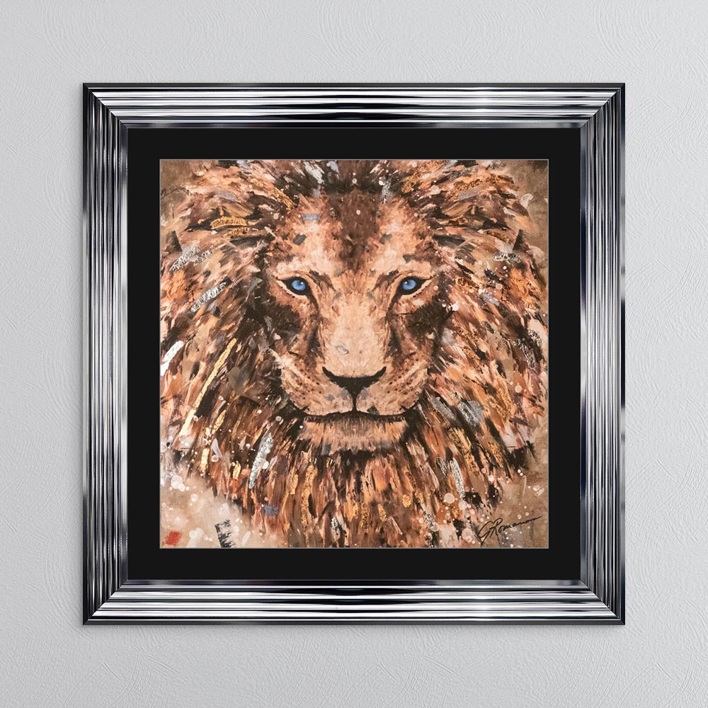 Colour Lion with Multi Foil Embellishment with Black Mount Framed Wall Art