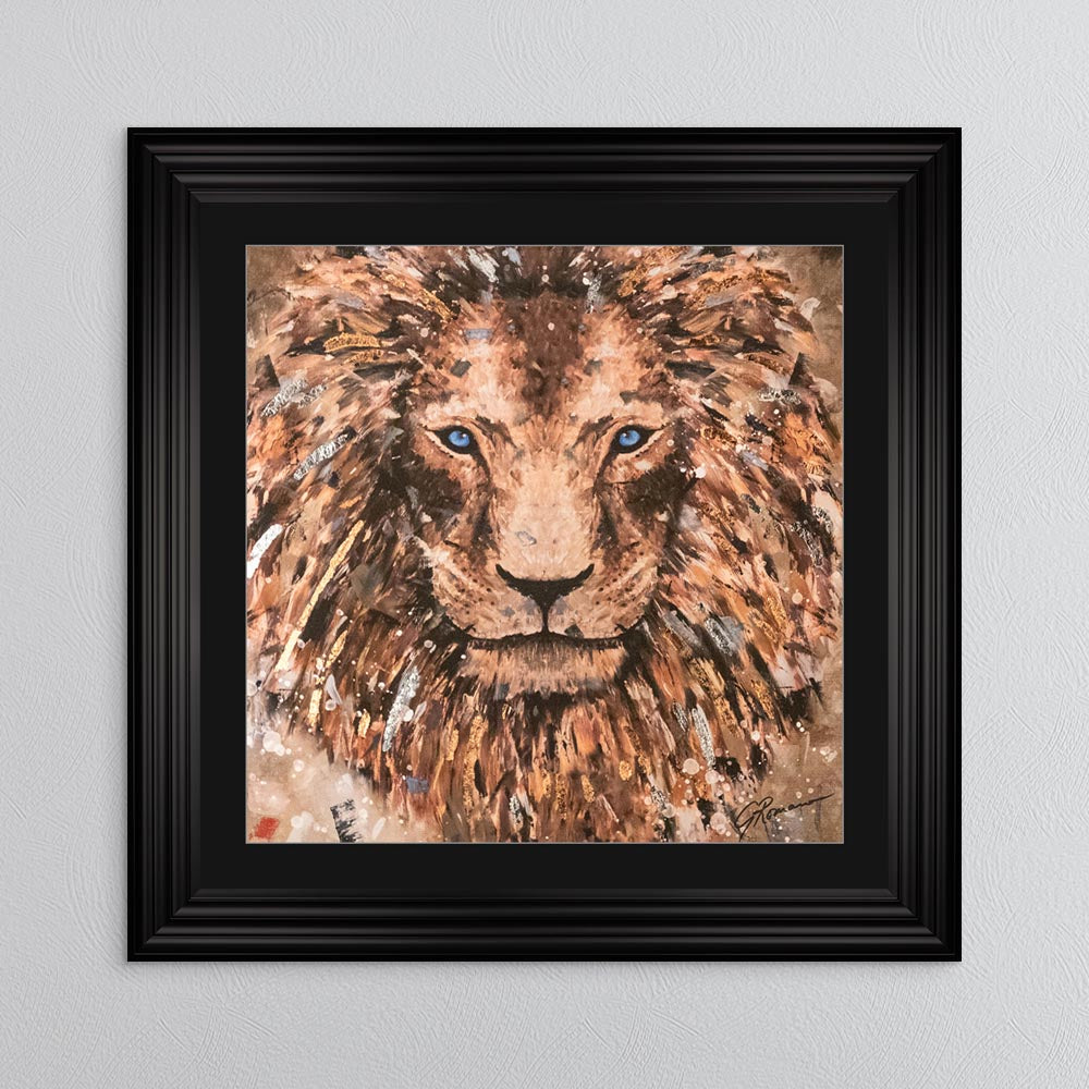 Colour Lion with Multi Foil Embellishment with Black Mount Framed Wall Art
