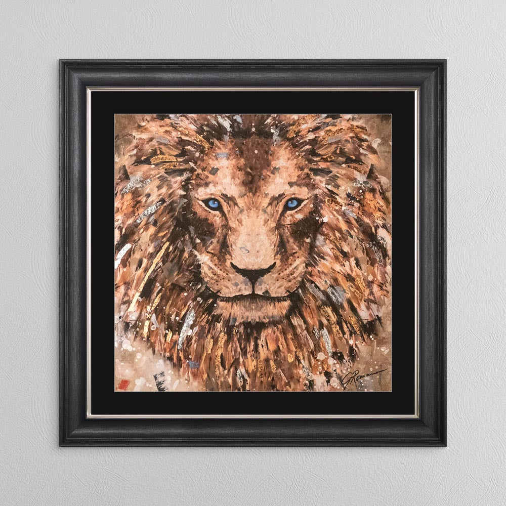 Colour Lion with Multi Foil Embellishment with Black Mount Framed Wall Art