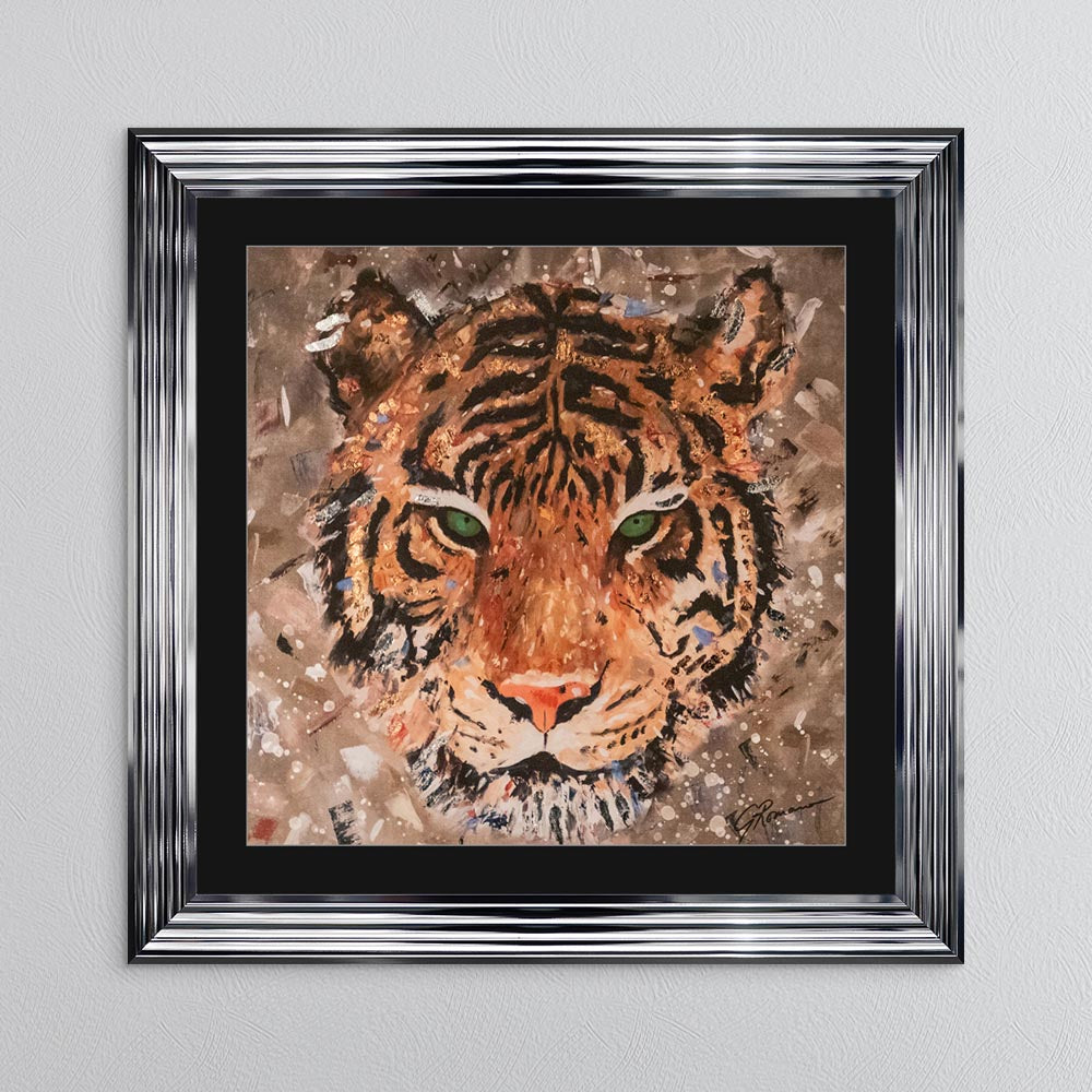 Colour Tiger with Multi Foil Embellishment with Black Mount Framed Wall Art