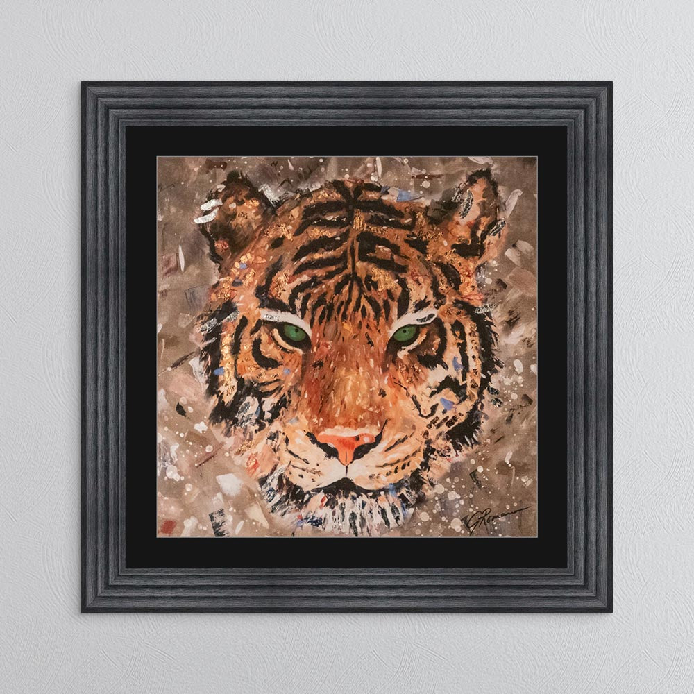 Colour Tiger with Multi Foil Embellishment with Black Mount Framed Wall Art