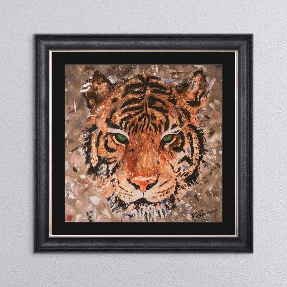 Colour Tiger with Multi Foil Embellishment with Black Mount Framed Wall Art