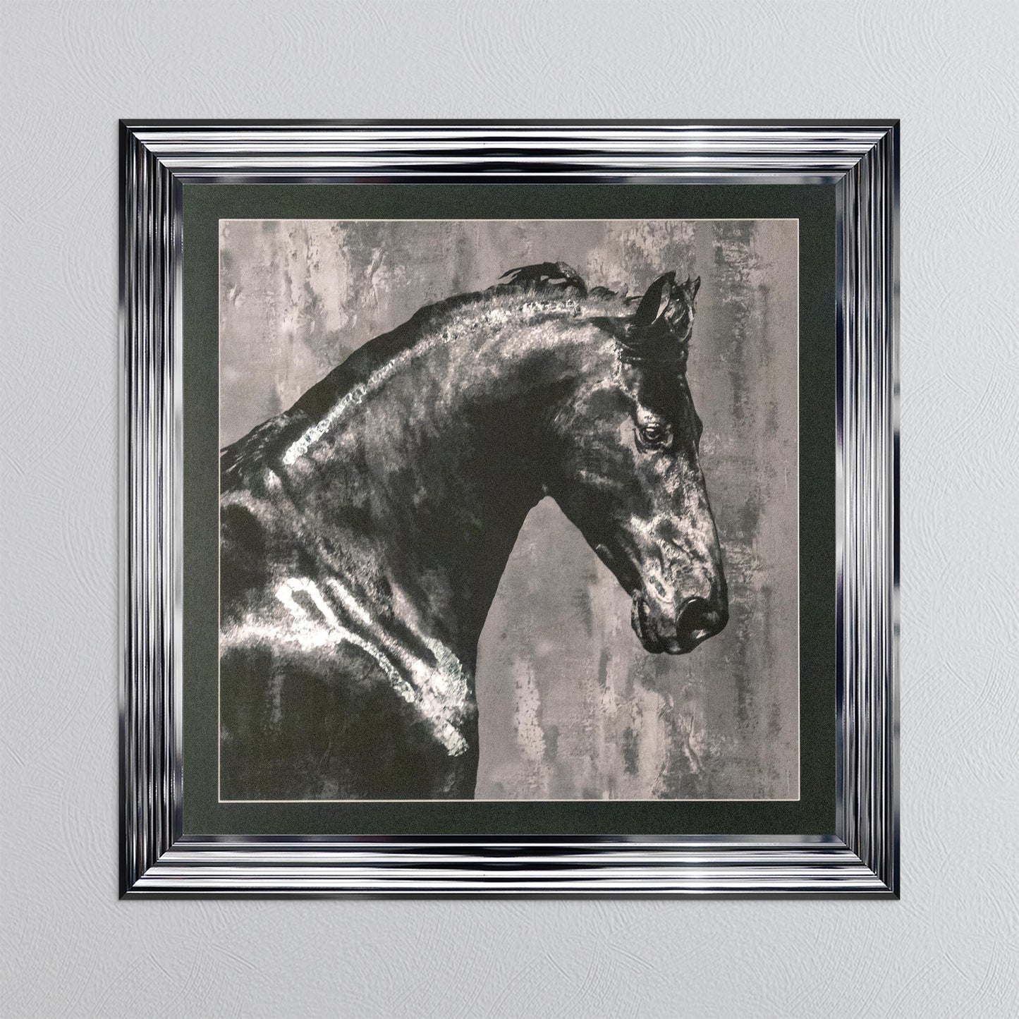 Black Stallion with Silver Foil Embellishment with Black Mount Framed Wall Art