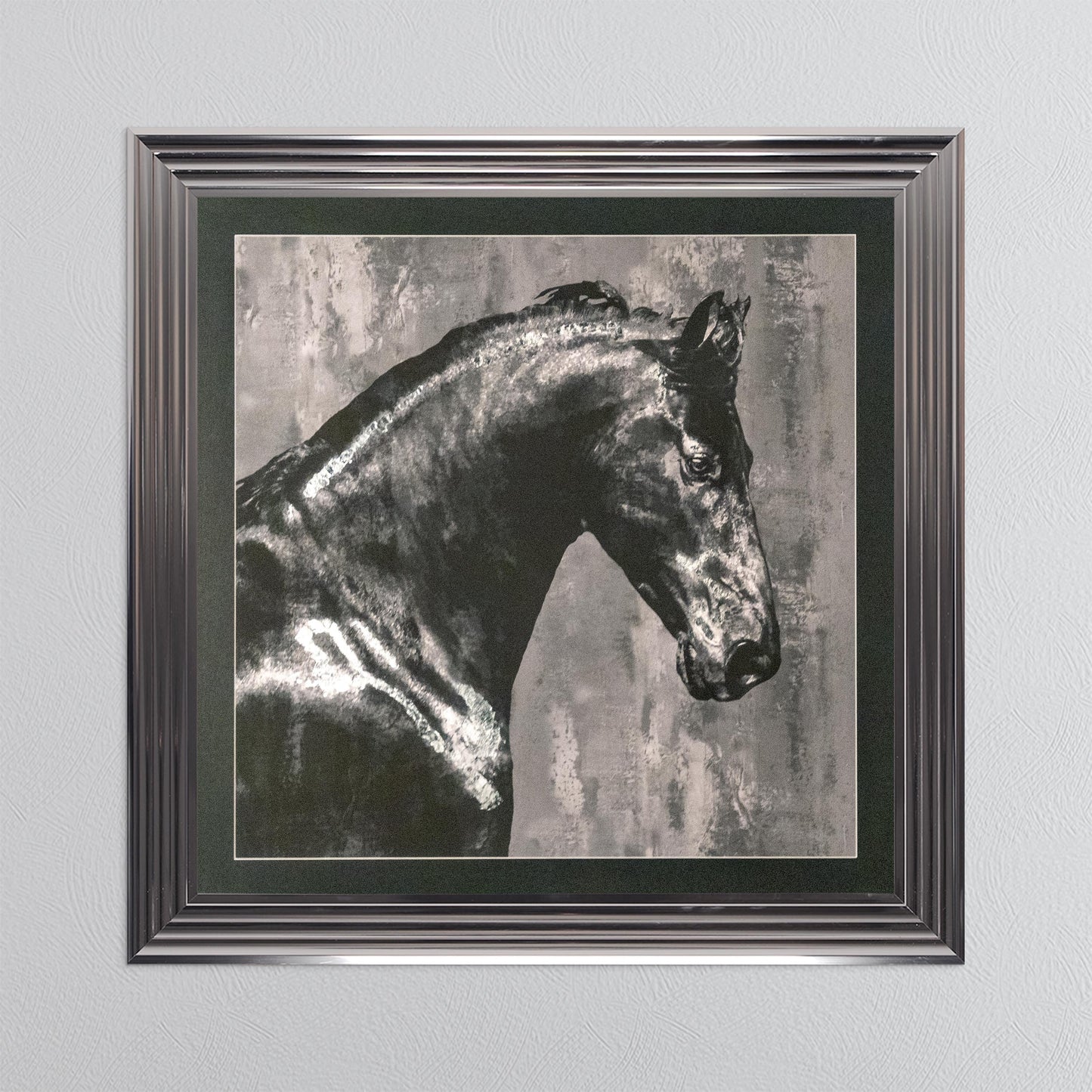 Black Stallion with Silver Foil Embellishment with Black Mount Framed Wall Art
