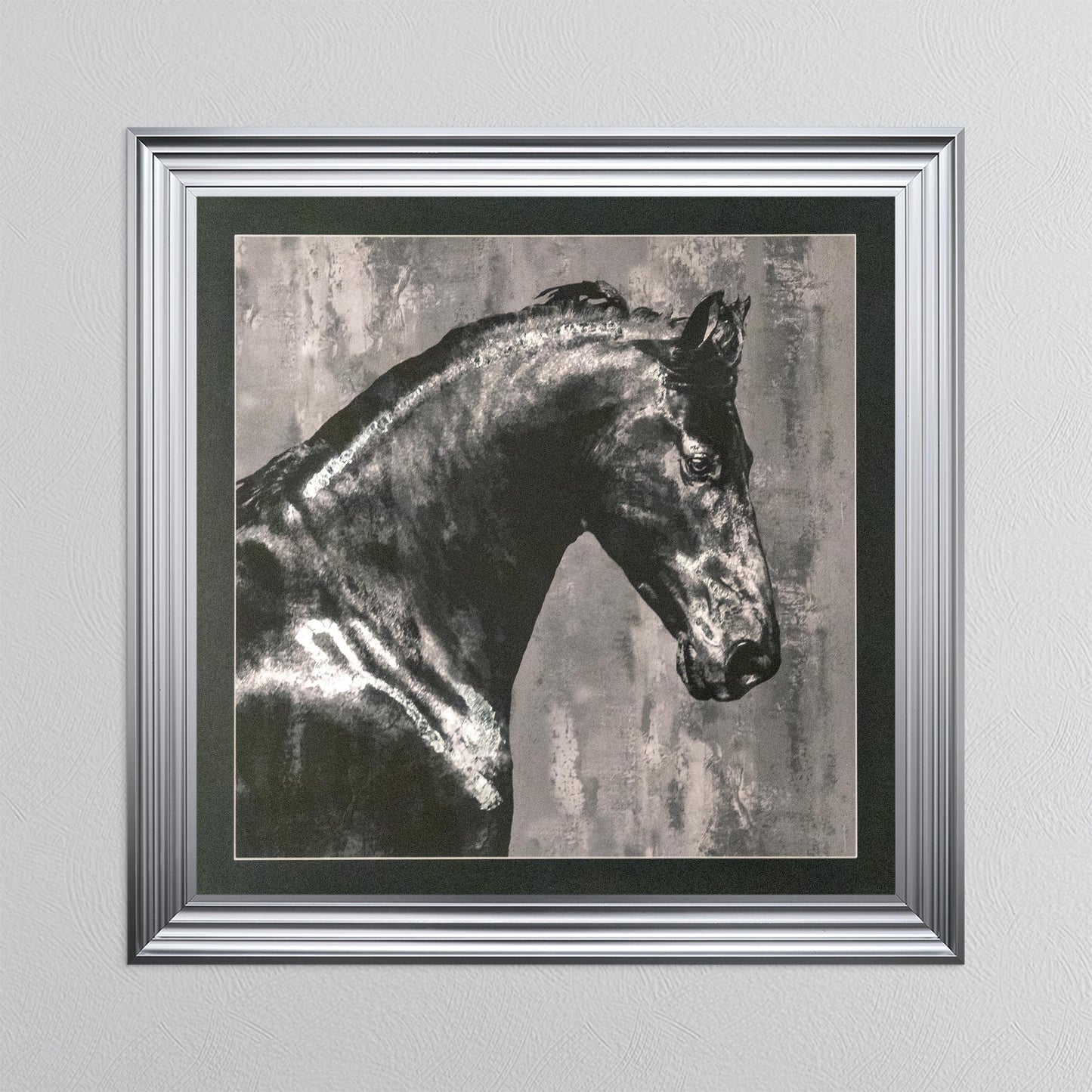 Black Stallion with Silver Foil Embellishment with Black Mount Framed Wall Art