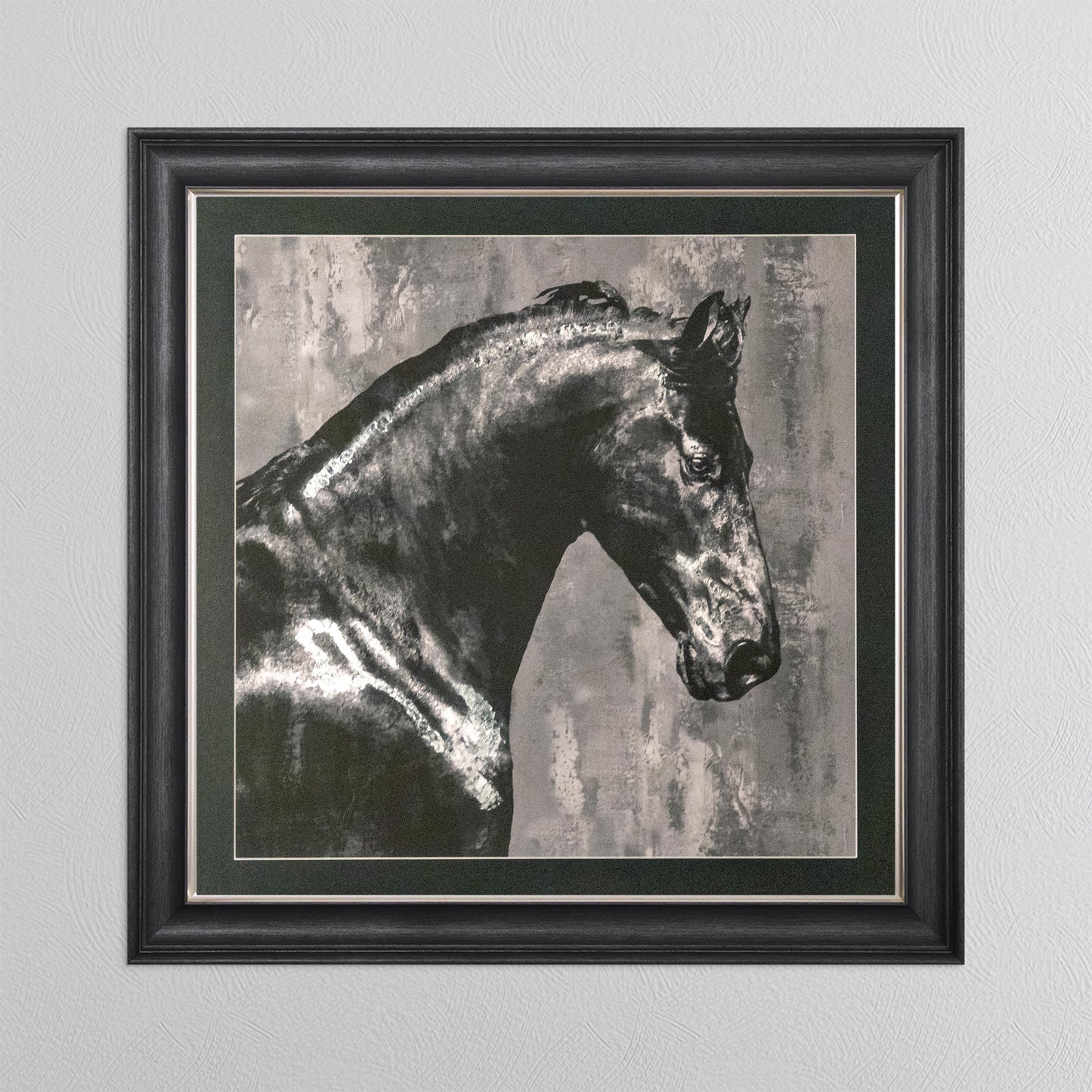 Black Stallion with Silver Foil Embellishment with Black Mount Framed Wall Art