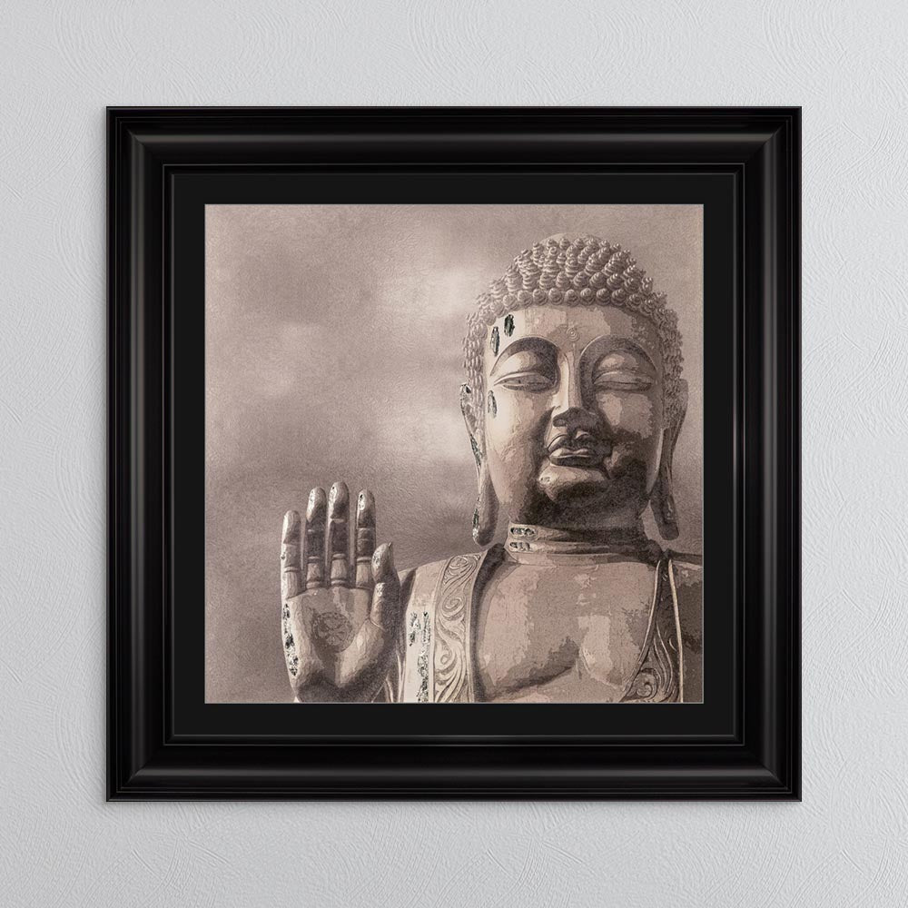 Buddha 4 with Silver Foil Embellishment - with Black Mount Framed Wall Art