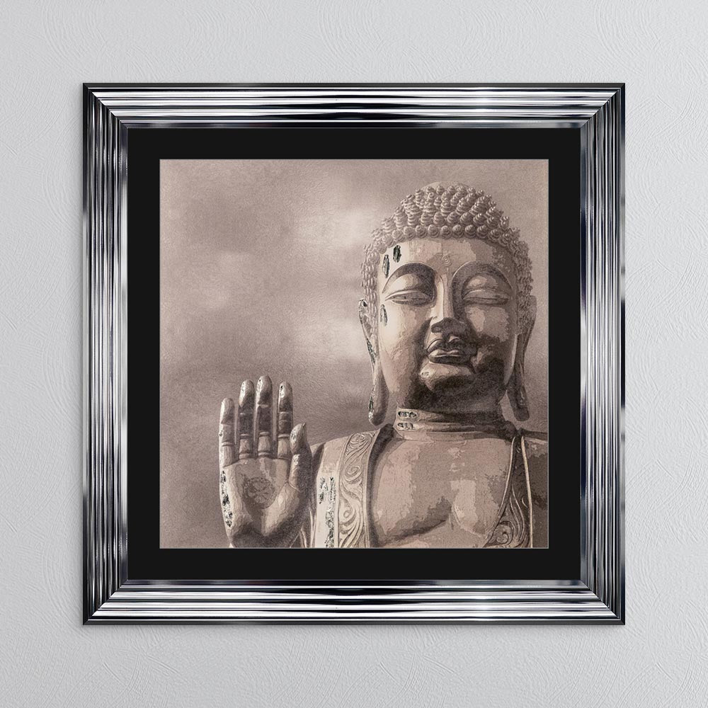 Buddha 4 with Silver Foil Embellishment - with Black Mount Framed Wall Art