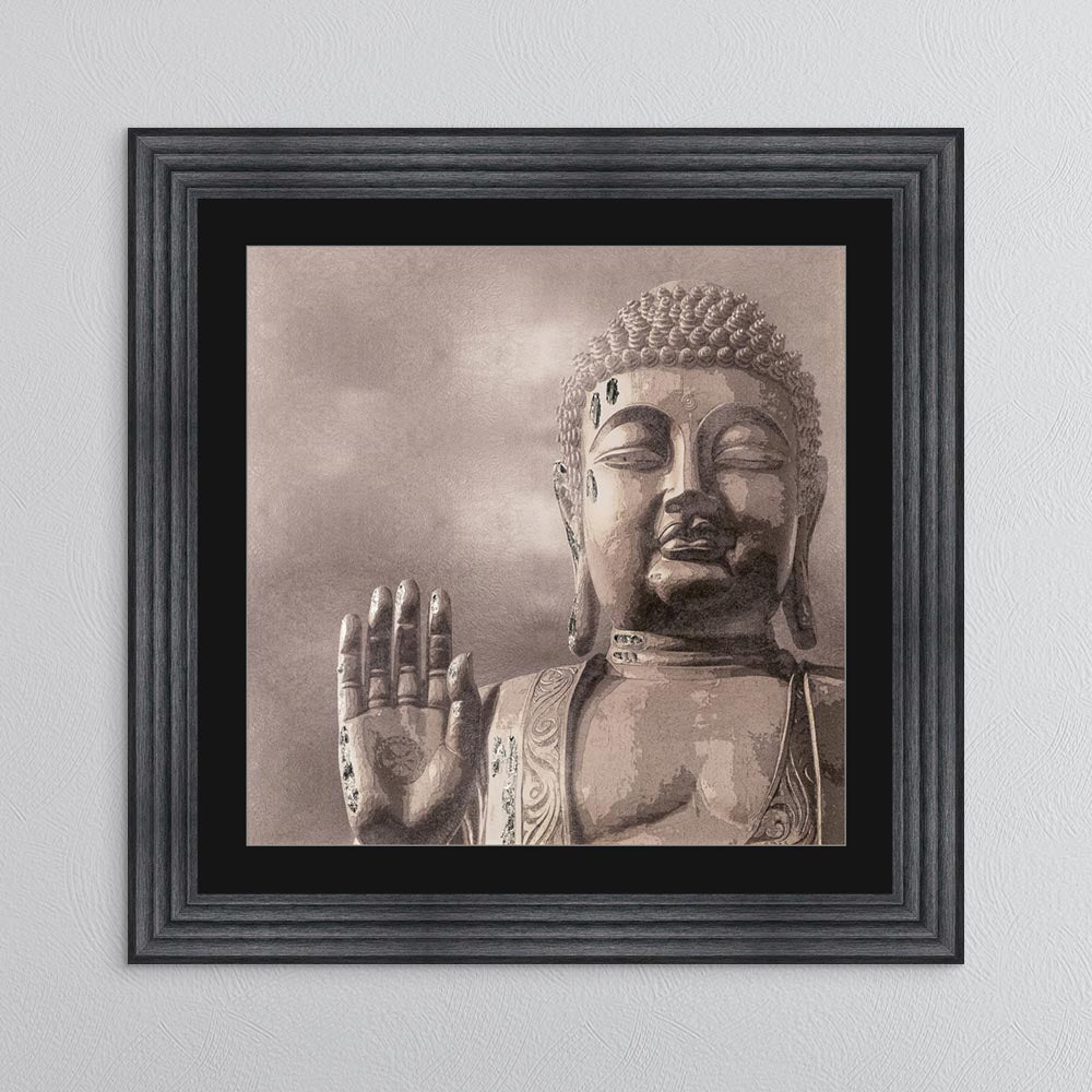 Buddha 4 with Silver Foil Embellishment - with Black Mount Framed Wall Art
