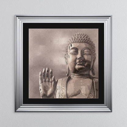 Buddha 4 with Silver Foil Embellishment - with Black Mount Framed Wall Art