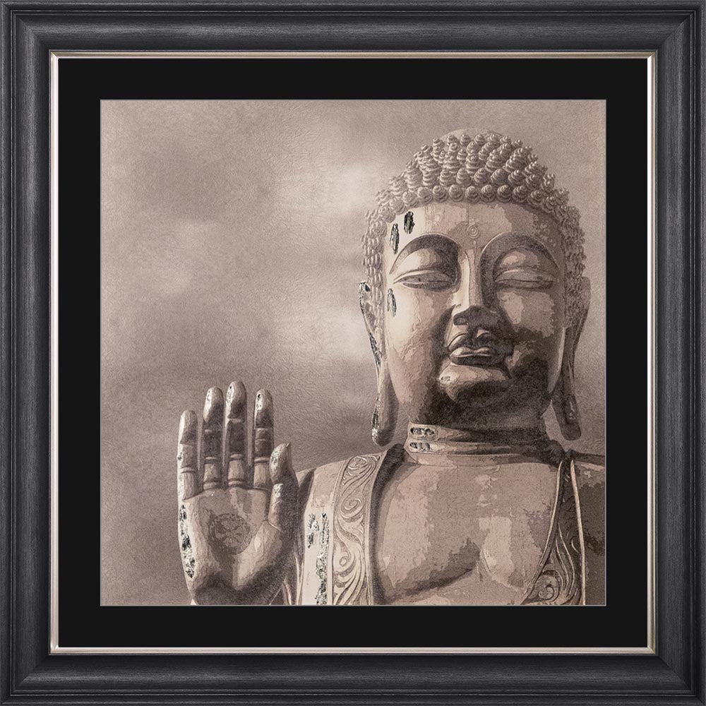 Buddha 4 with Silver Foil Embellishment - with Black Mount Framed Wall Art