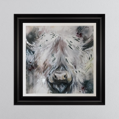 White Highland Cow with Silver Foil Embellishment - with White Mount Framed Wall Art