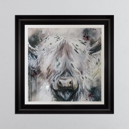 White Highland Cow with Silver Foil Embellishment - with White Mount Framed Wall Art