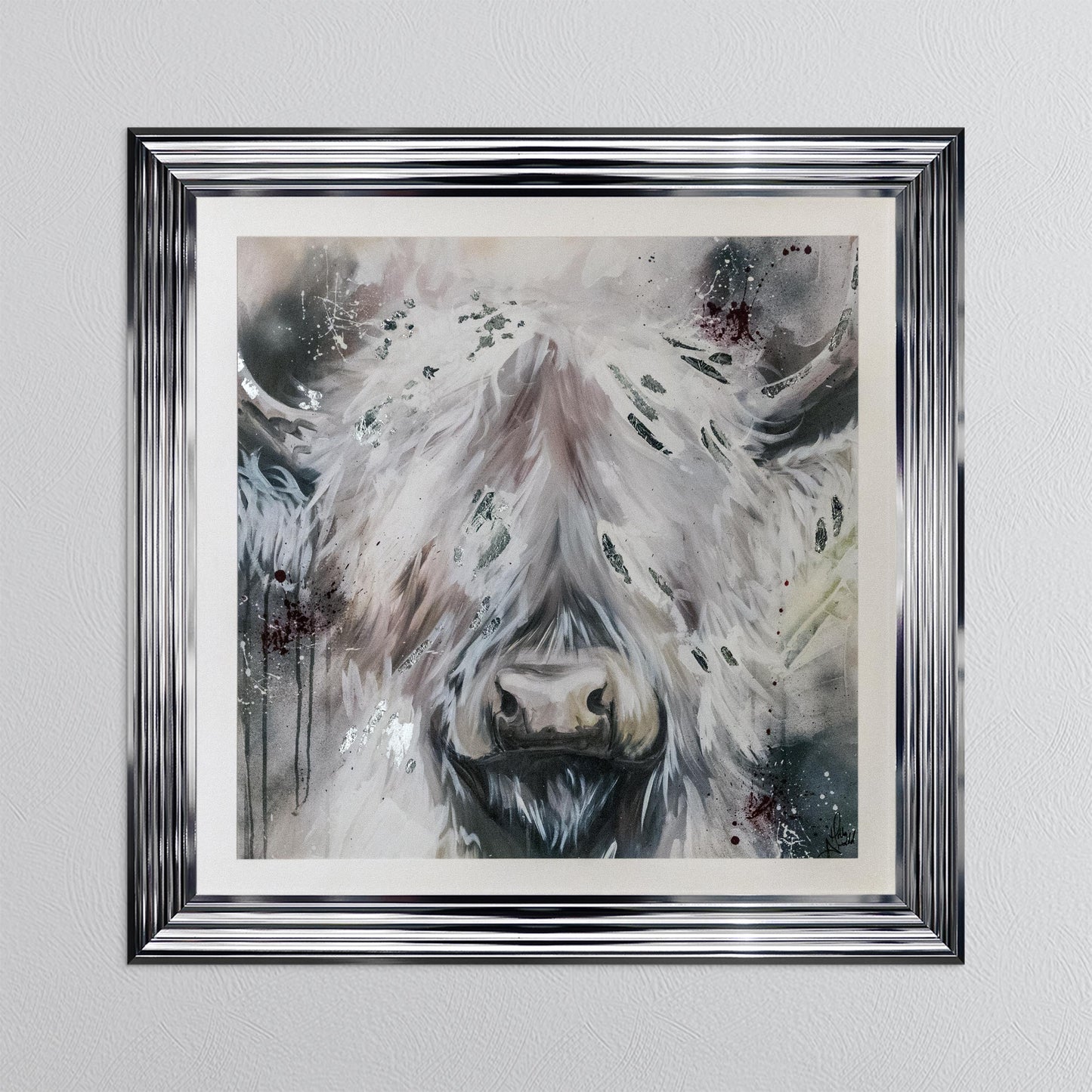 White Highland Cow with Silver Foil Embellishment - with White Mount Framed Wall Art