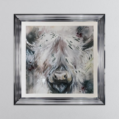 White Highland Cow with Silver Foil Embellishment - with White Mount Framed Wall Art