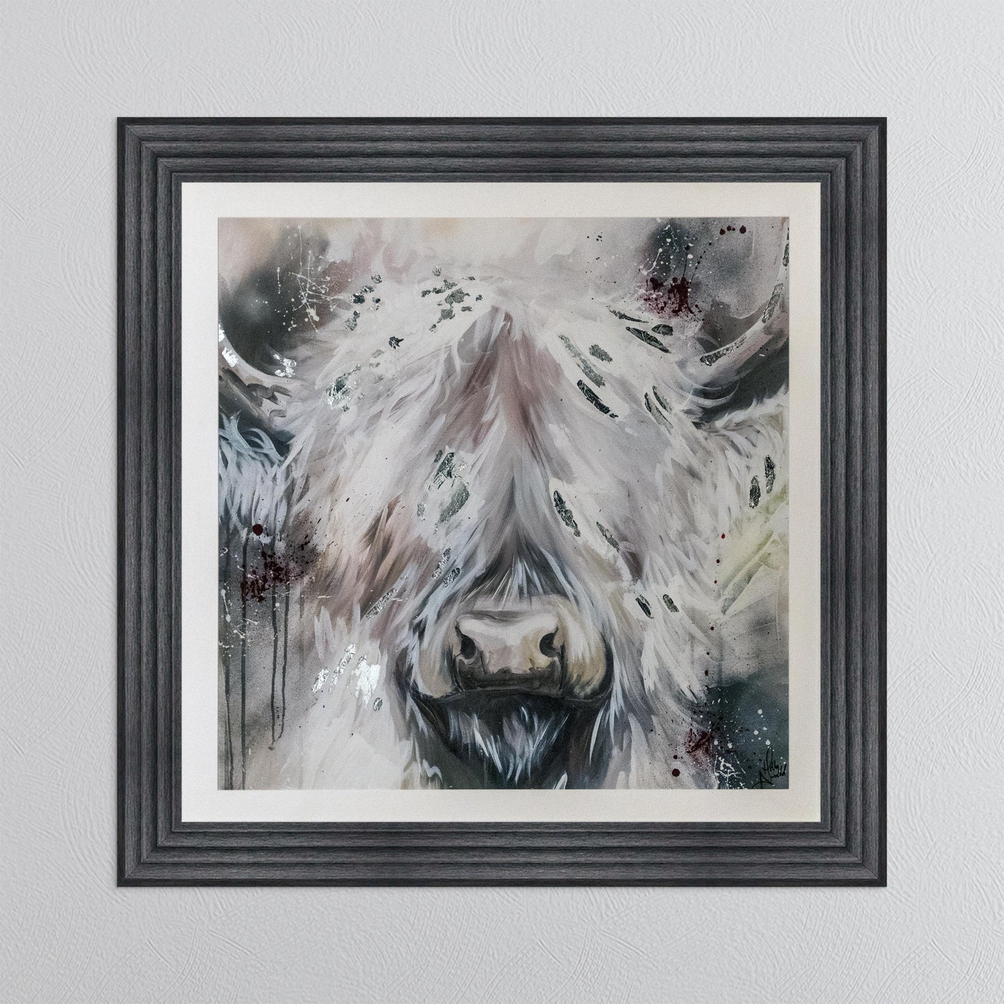 White Highland Cow with Silver Foil Embellishment - with White Mount Framed Wall Art