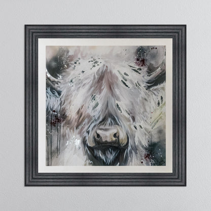 White Highland Cow with Silver Foil Embellishment - with White Mount Framed Wall Art
