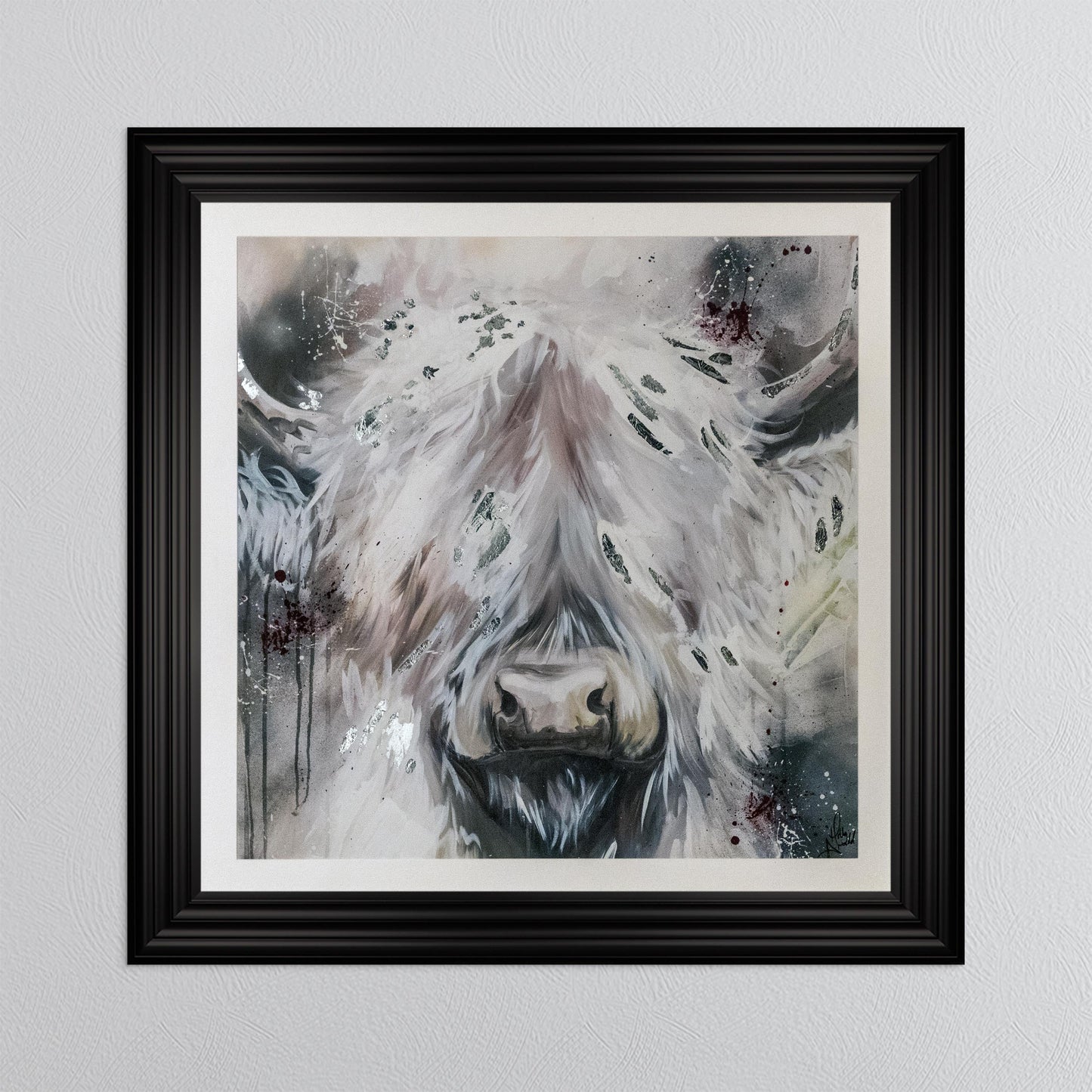White Highland Cow with Silver Foil Embellishment - with White Mount Framed Wall Art