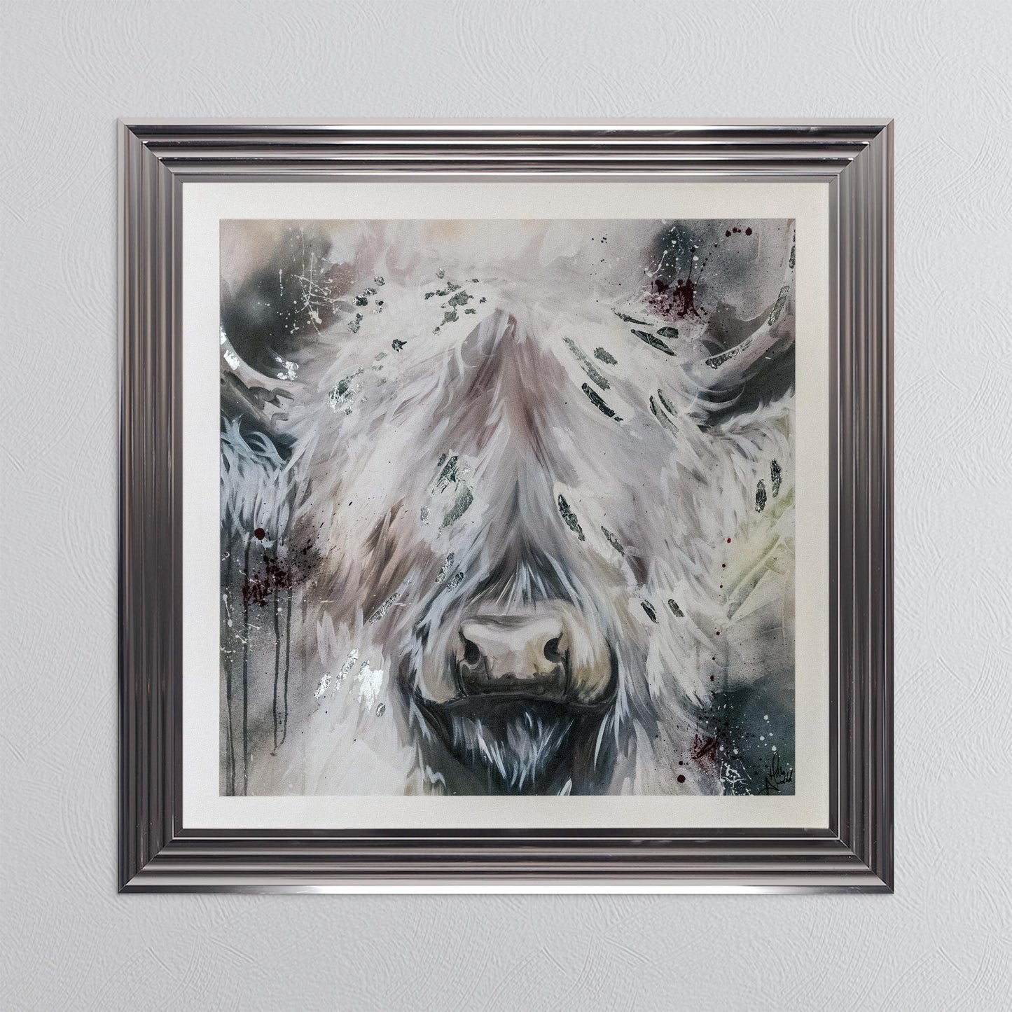 White Highland Cow with Silver Foil Embellishment - with White Mount Framed Wall Art