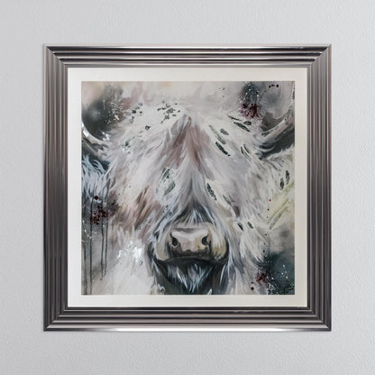 White Highland Cow with Silver Foil Embellishment - with White Mount Framed Wall Art