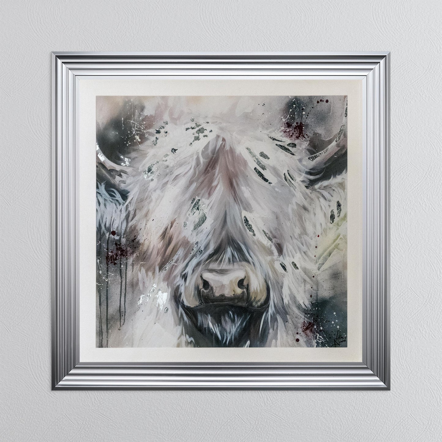 White Highland Cow with Silver Foil Embellishment - with White Mount Framed Wall Art