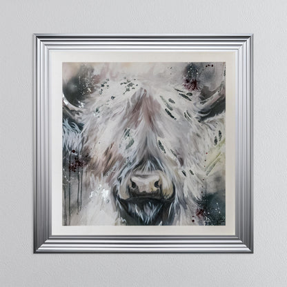 White Highland Cow with Silver Foil Embellishment - with White Mount Framed Wall Art