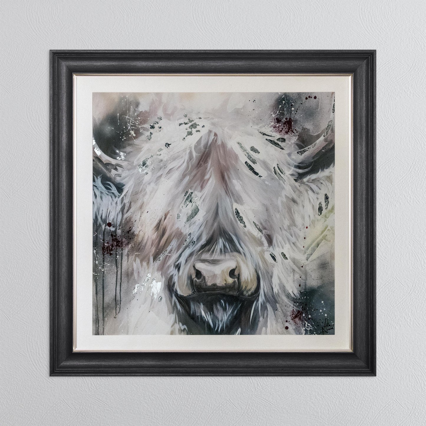 White Highland Cow with Silver Foil Embellishment - with White Mount Framed Wall Art