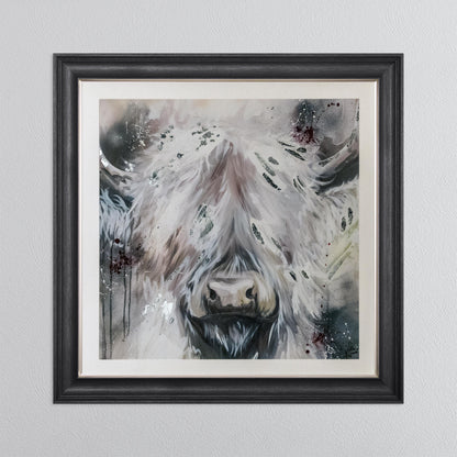 White Highland Cow with Silver Foil Embellishment - with White Mount Framed Wall Art