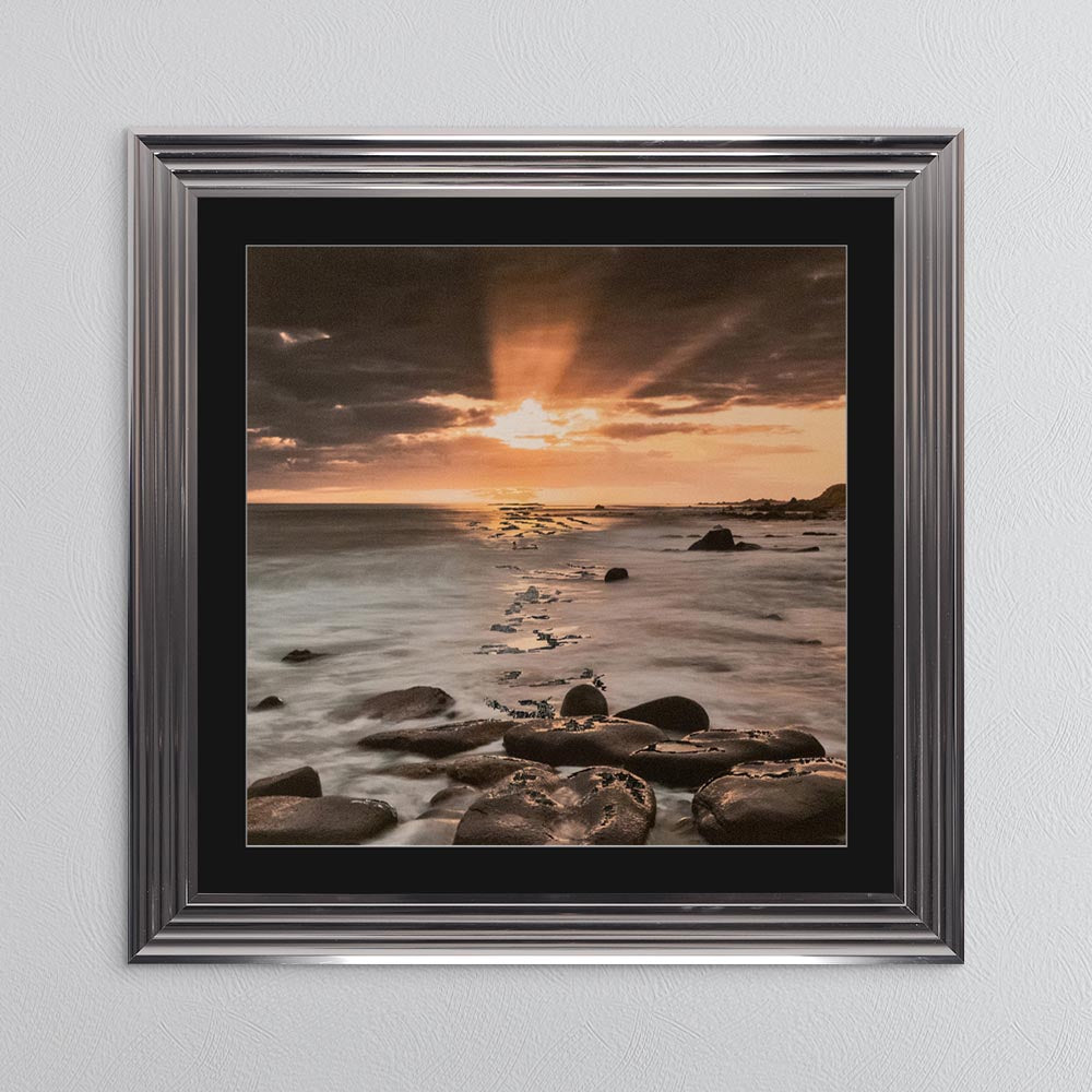 Nordic Sunset with Silver Foil Embellishment - with Black Mount Framed Wall Art