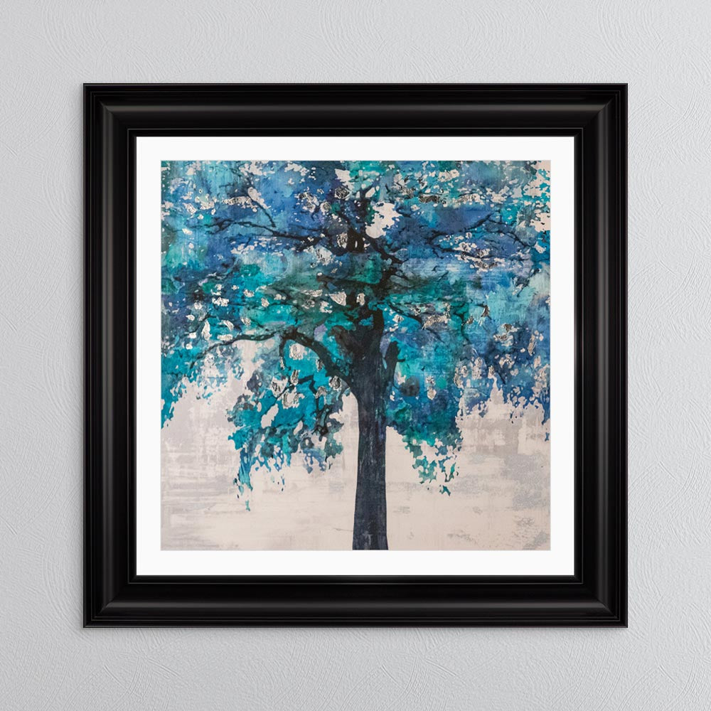 Solo Blue Tree with Silver Foil Embellishment - with White Mount Framed Wall Art