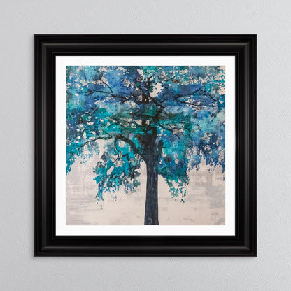 Solo Blue Tree with Silver Foil Embellishment - with White Mount Framed Wall Art