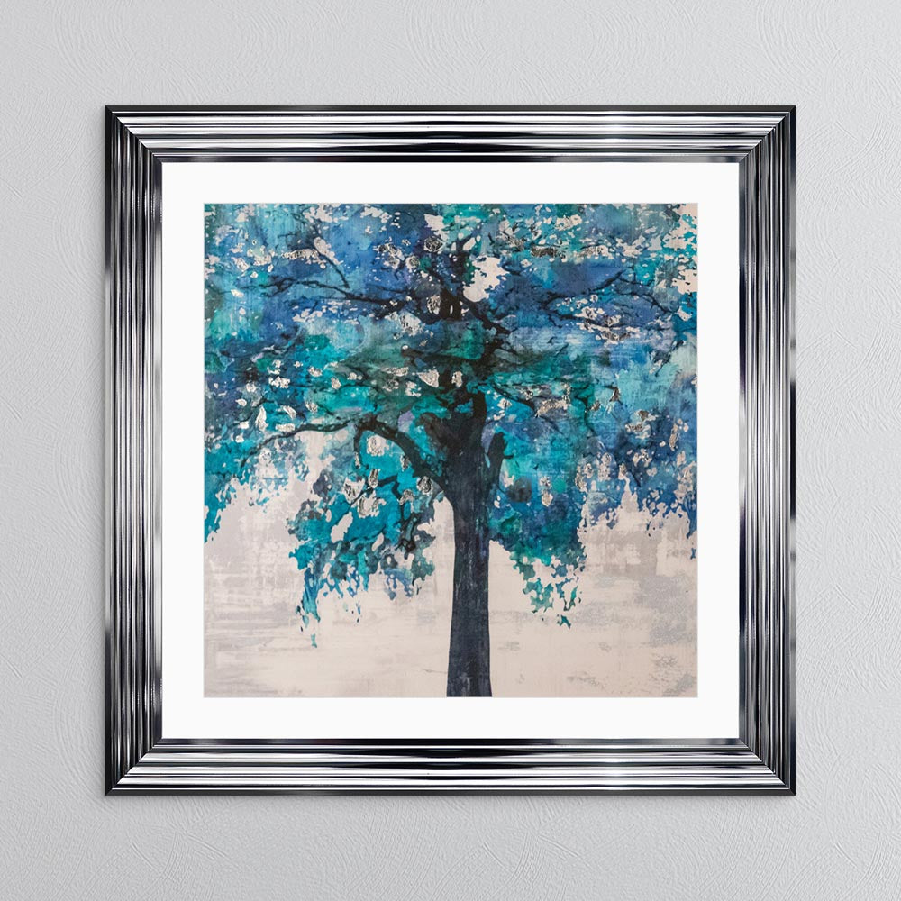 Solo Blue Tree with Silver Foil Embellishment - with White Mount Framed Wall Art