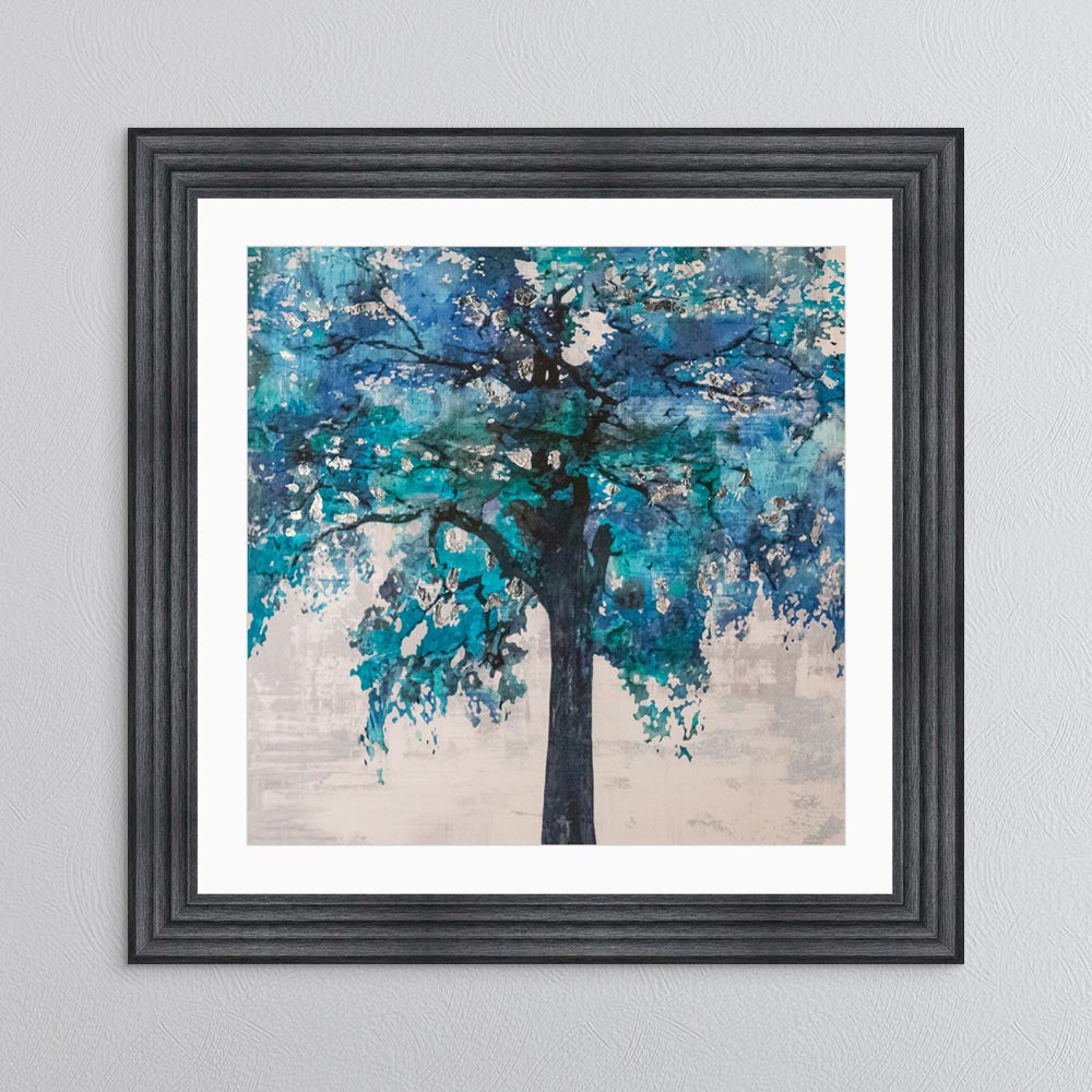 Solo Blue Tree with Silver Foil Embellishment - with White Mount Framed Wall Art