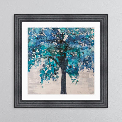 Solo Blue Tree with Silver Foil Embellishment - with White Mount Framed Wall Art