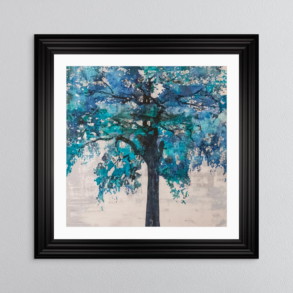 Solo Blue Tree with Silver Foil Embellishment - with White Mount Framed Wall Art