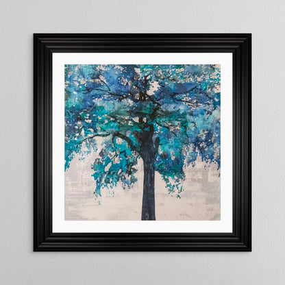 Solo Blue Tree with Silver Foil Embellishment - with White Mount Framed Wall Art