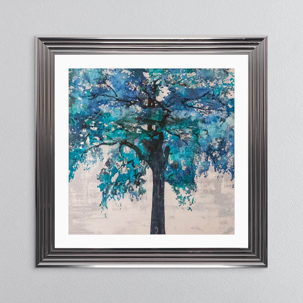 Solo Blue Tree with Silver Foil Embellishment - with White Mount Framed Wall Art