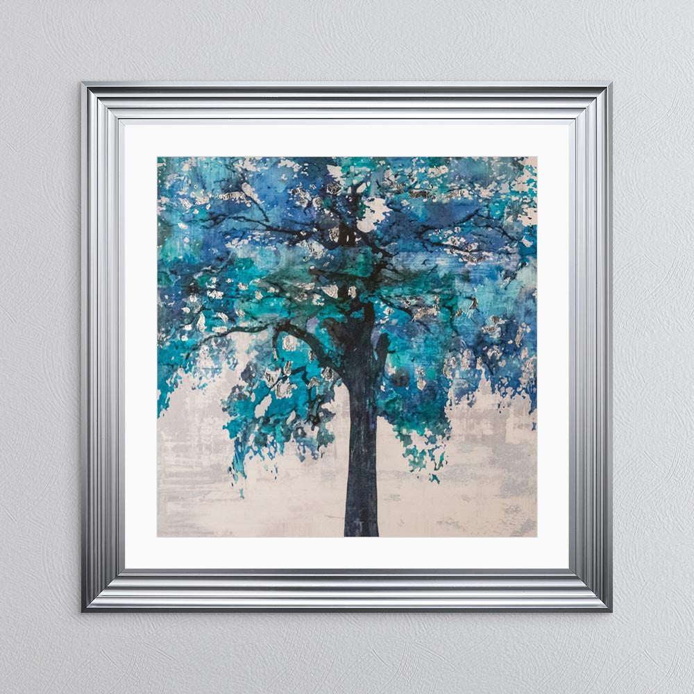 Solo Blue Tree with Silver Foil Embellishment - with White Mount Framed Wall Art