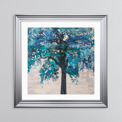 Solo Blue Tree with Silver Foil Embellishment - with White Mount Framed Wall Art